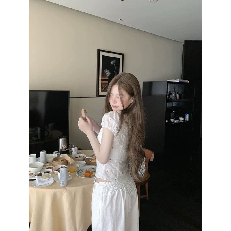 원본 컬러 짜임 그리드 있음 네리 허리 수축 여성 셔츠 여름 보라색 체크무늬 레이스업 V넥 반팔 맨위 이미지 3