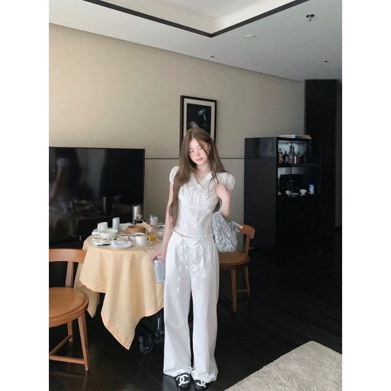 원본 컬러 짜임 그리드 있음 네리 허리 수축 여성 셔츠 여름 보라색 체크무늬 레이스업 V넥 반팔 맨위 이미지 4