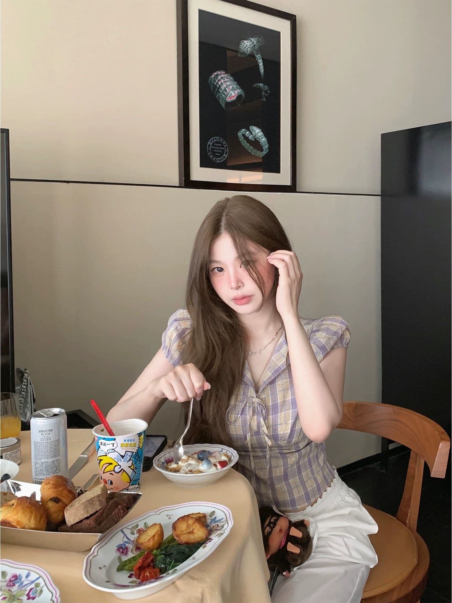 원본 컬러 짜임 그리드 있음 네리 허리 수축 여성 셔츠 여름 보라색 체크무늬 레이스업 V넥 반팔 맨위 상세 이미지 2