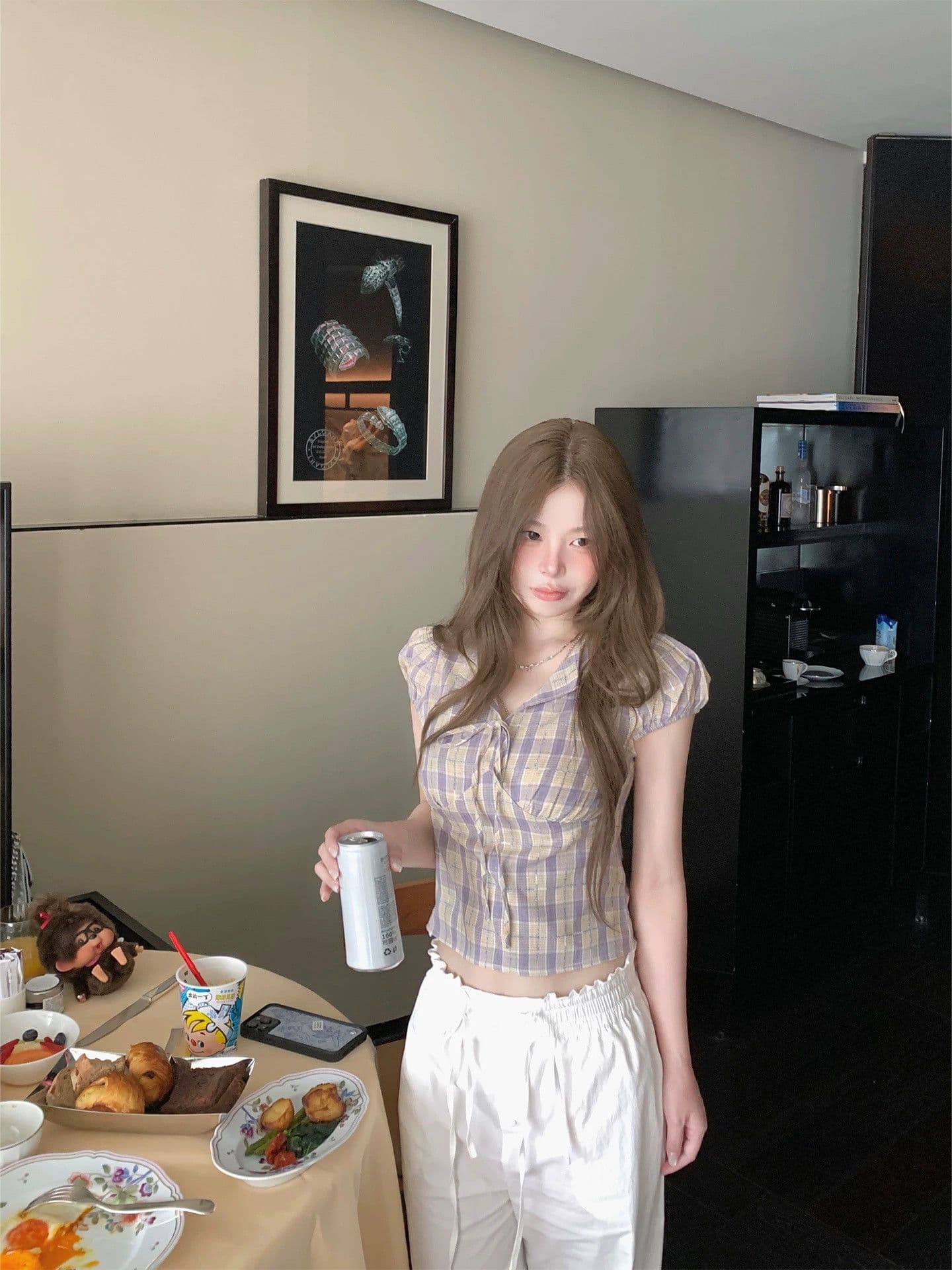 원본 컬러 짜임 그리드 있음 네리 허리 수축 여성 셔츠 여름 보라색 체크무늬 레이스업 V넥 반팔 맨위 상세 이미지 3