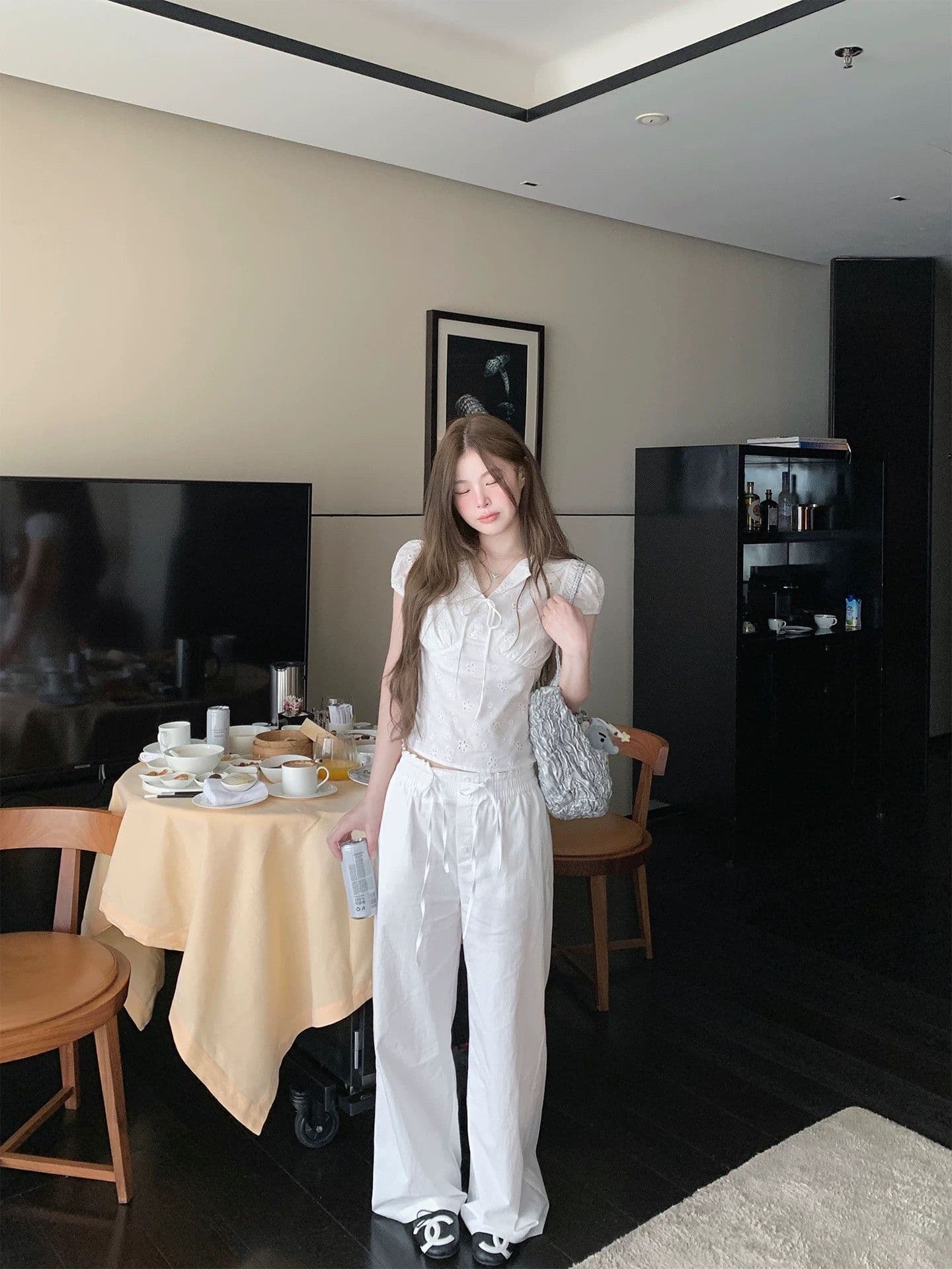 원본 컬러 짜임 그리드 있음 네리 허리 수축 여성 셔츠 여름 보라색 체크무늬 레이스업 V넥 반팔 맨위 상세 이미지 4