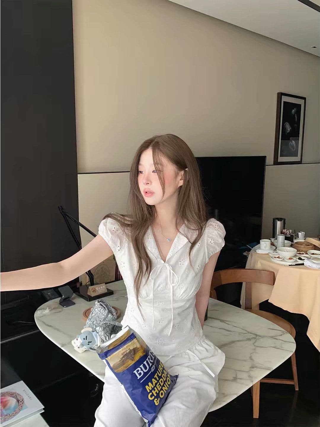 원본 컬러 짜임 그리드 있음 네리 허리 수축 여성 셔츠 여름 보라색 체크무늬 레이스업 V넥 반팔 맨위 상세 이미지 7