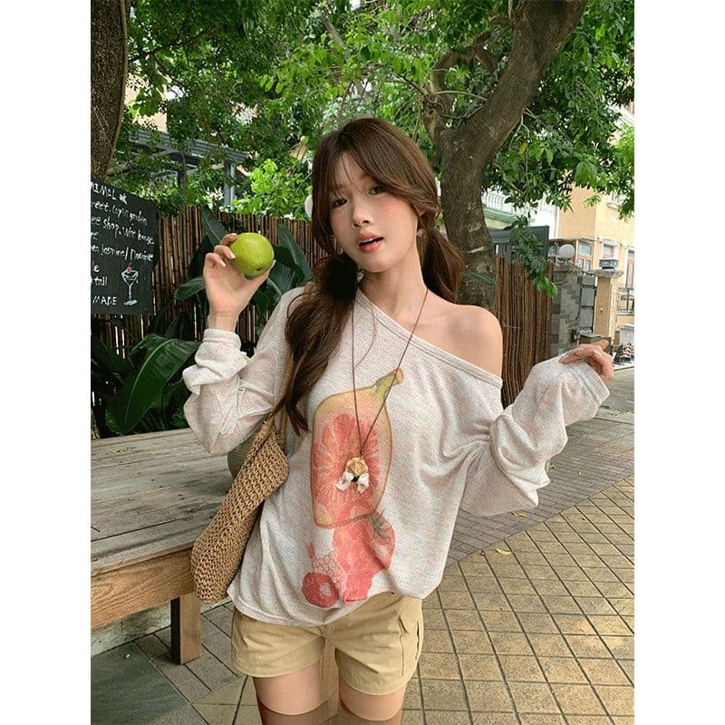 원본 무지개 마 새로운 여름 Fig 프린트 비스듬한 어깨 긴팔 티셔츠 루즈핏 느긋한 블라우스