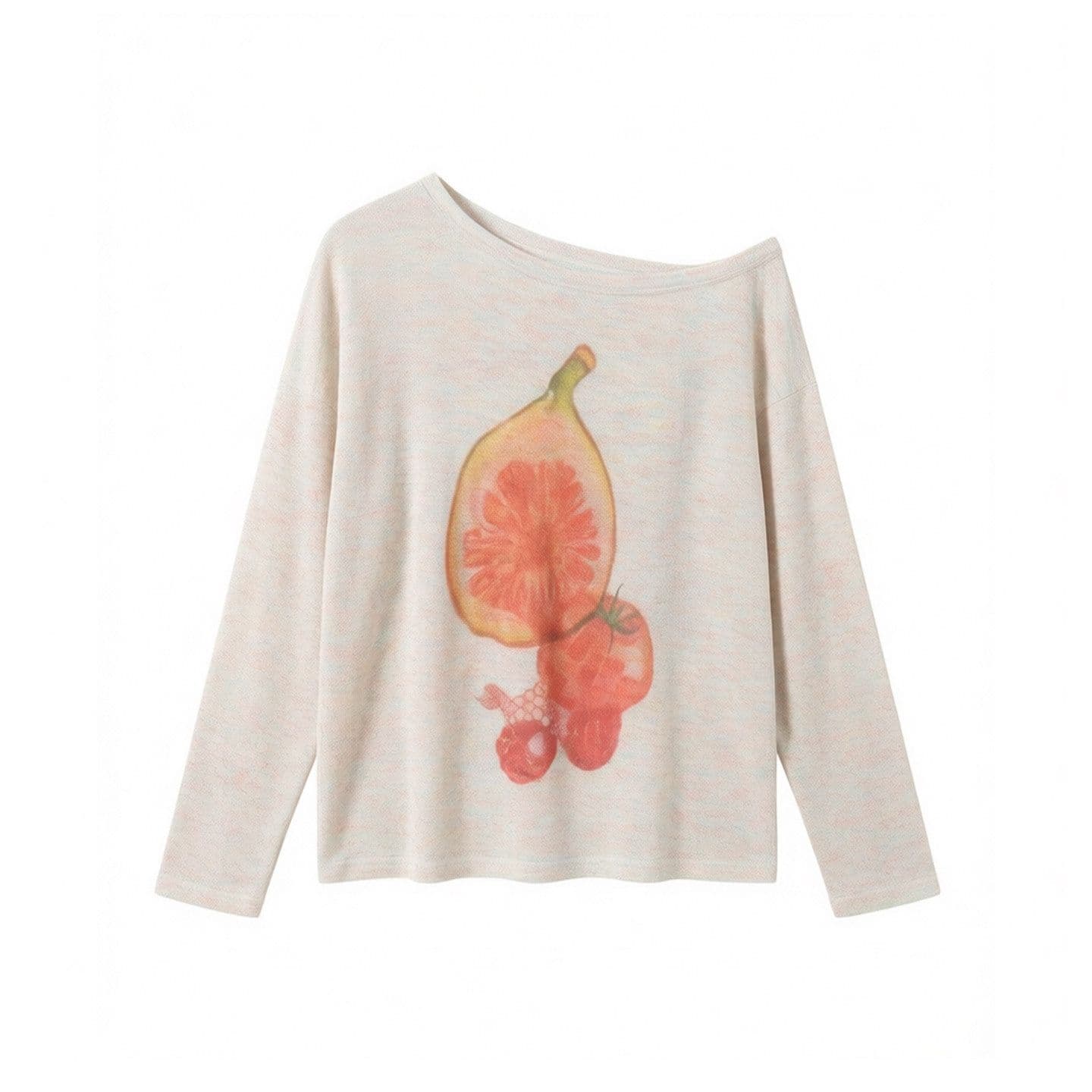 원본 무지개 마 새로운 여름 Fig 프린트 비스듬한 어깨 긴팔 티셔츠 루즈핏 느긋한 블라우스 이미지 5