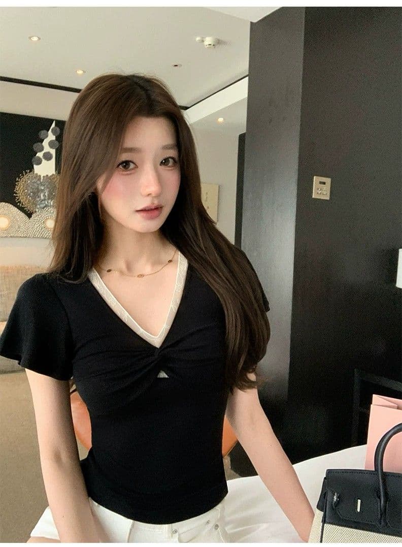 주간 실크 원단 순수한 욕망 레이스 조각 V넥 비틀림 페이크 레이어드 반팔 티셔츠 여성 여름 새로운 맨위 상세 이미지 8