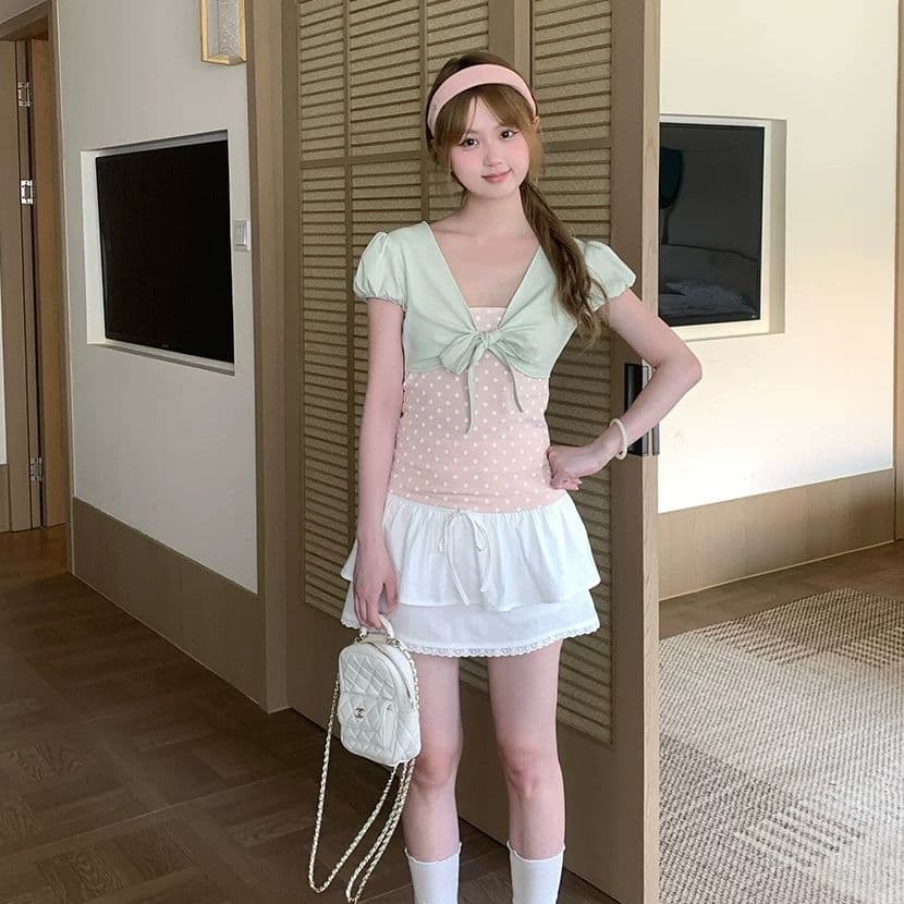 40 리브 순면 핏 스타일 긍정적 인 솜씨 리앙 새로운 여름 페이크 레이어드 달콤함 도트 무늬 맨위 여성 이미지 5