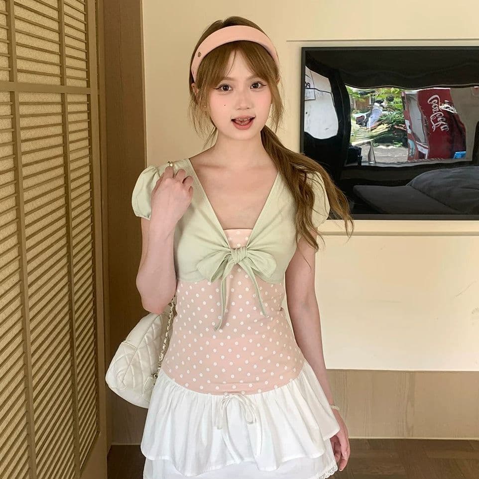 40 리브 순면 핏 스타일 긍정적 인 솜씨 리앙 새로운 여름 페이크 레이어드 달콤함 도트 무늬 맨위 여성 이미지 3
