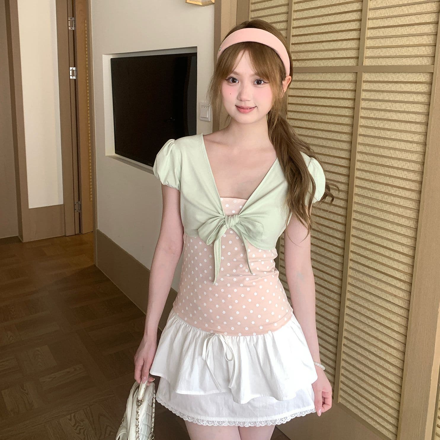 40 리브 순면 핏 스타일 긍정적 인 솜씨 리앙 새로운 여름 페이크 레이어드 달콤함 도트 무늬 맨위 여성