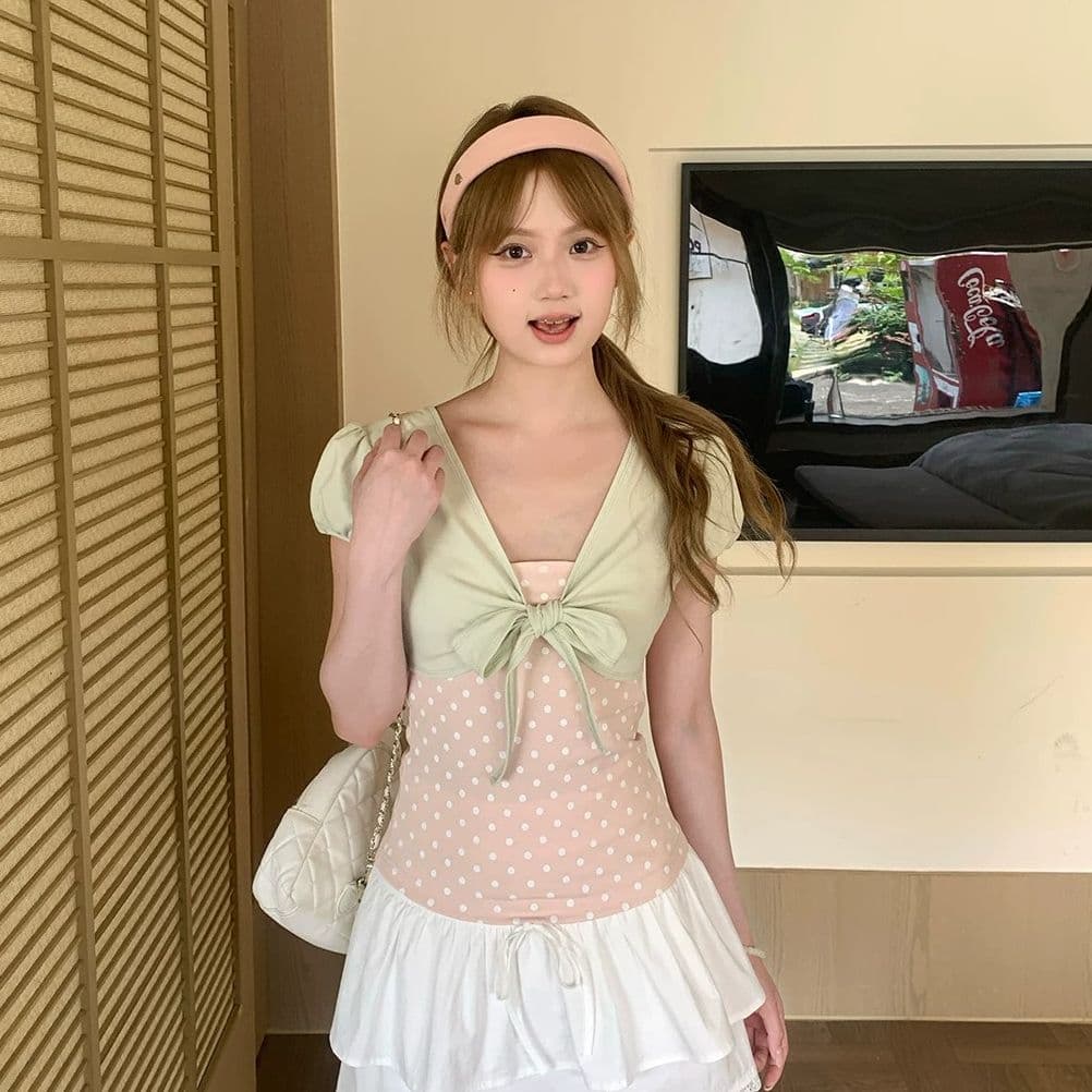 40 리브 순면 핏 스타일 긍정적 인 솜씨 리앙 새로운 여름 페이크 레이어드 달콤함 도트 무늬 맨위 여성 상세 이미지 4
