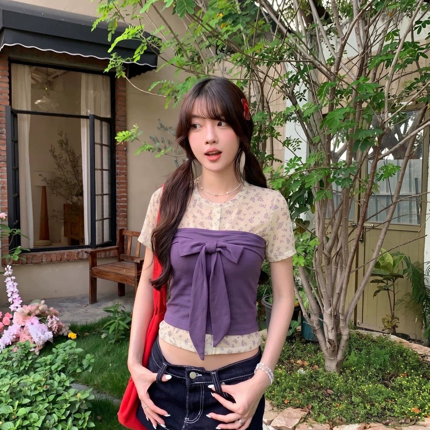 40 사람들 면 40d 메시 원단 프린트 사실 투피스 세트 여름 나비 넥타이 허리 수축 몸매 가꾸기