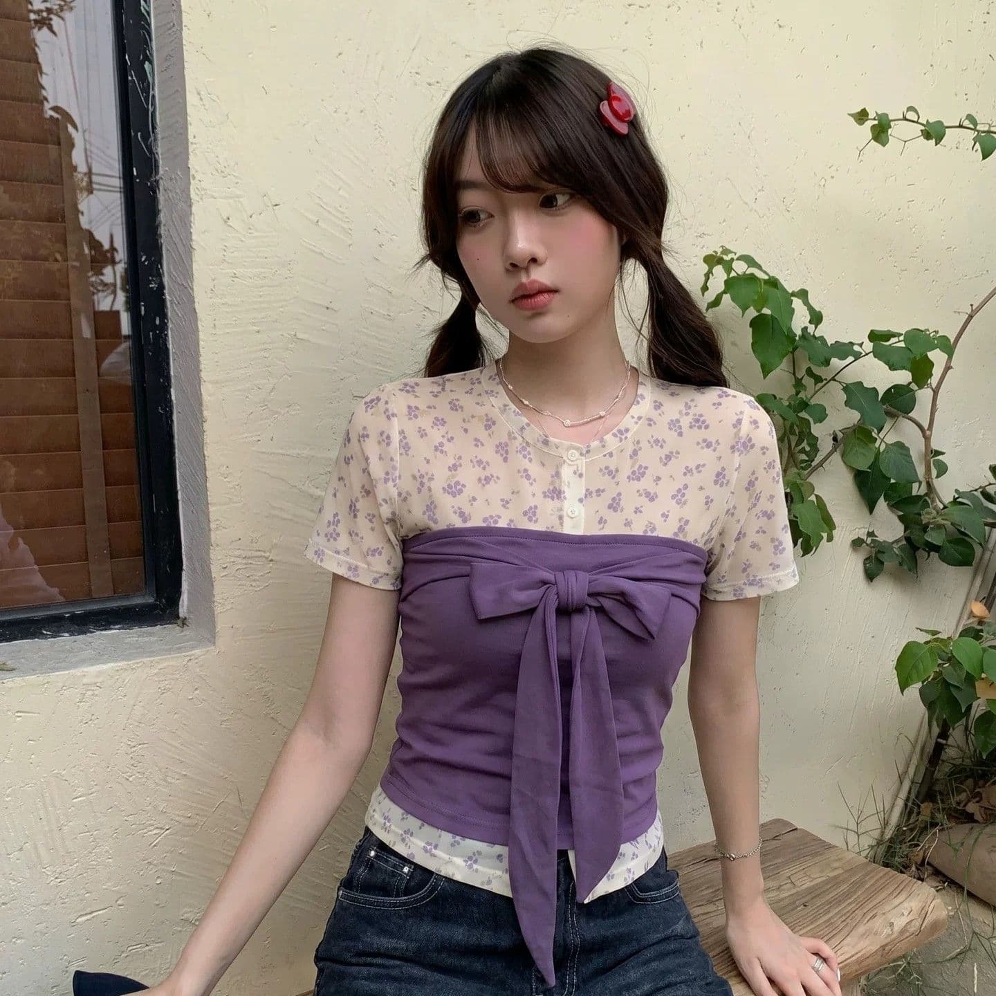 40 사람들 면 40d 메시 원단 프린트 사실 투피스 세트 여름 나비 넥타이 허리 수축 몸매 가꾸기 이미지 2