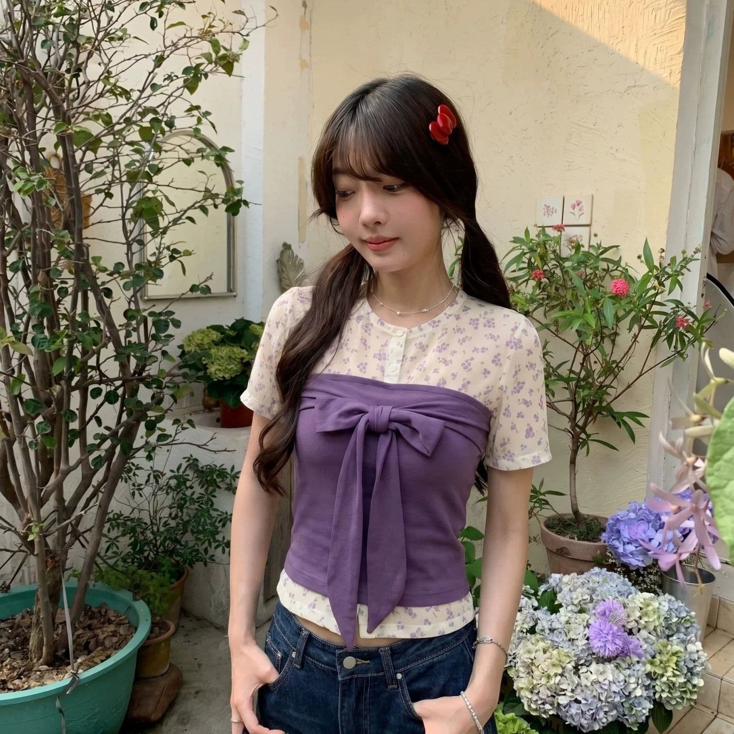 40 사람들 면 40d 메시 원단 프린트 사실 투피스 세트 여름 나비 넥타이 허리 수축 몸매 가꾸기 이미지 4