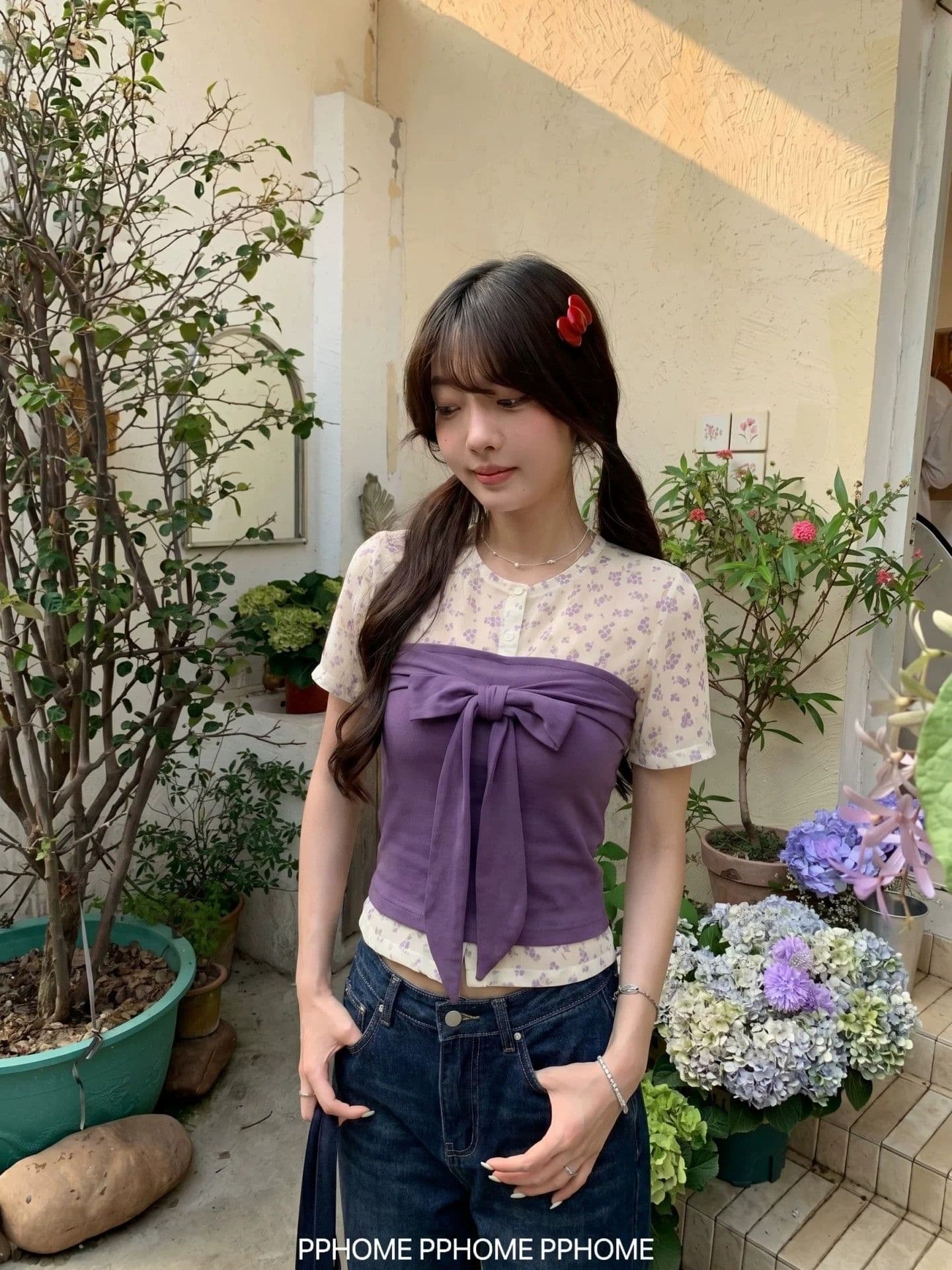40 사람들 면 40d 메시 원단 프린트 사실 투피스 세트 여름 나비 넥타이 허리 수축 몸매 가꾸기 상세 이미지 12
