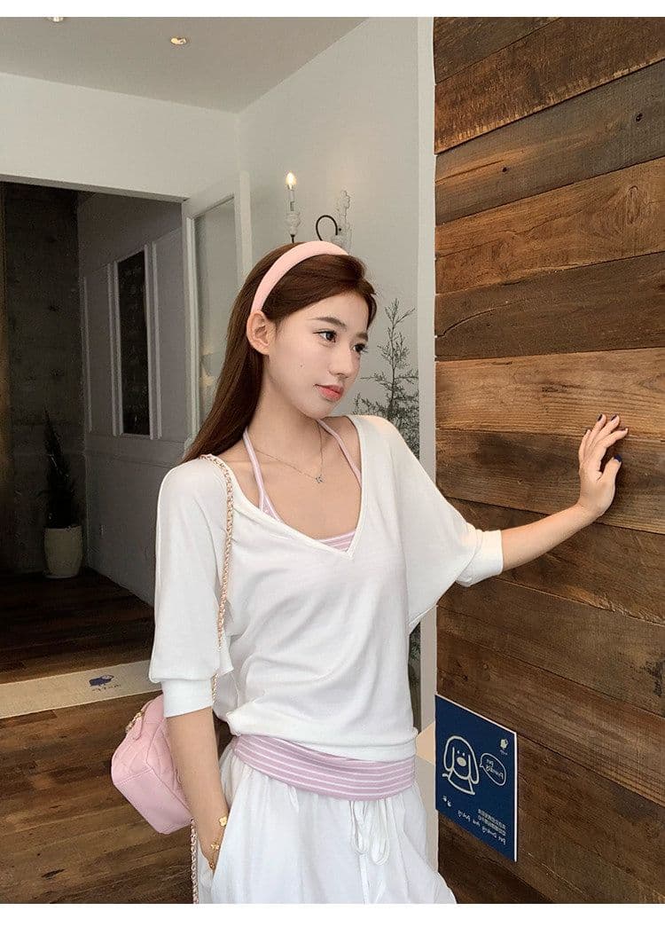 원본 사람들 면 260 그램 해군 사실 두 조각 맨위 스트라이프 슬립 패치워크 V넥 슬림해 보이는 블라우스 상세 이미지 14