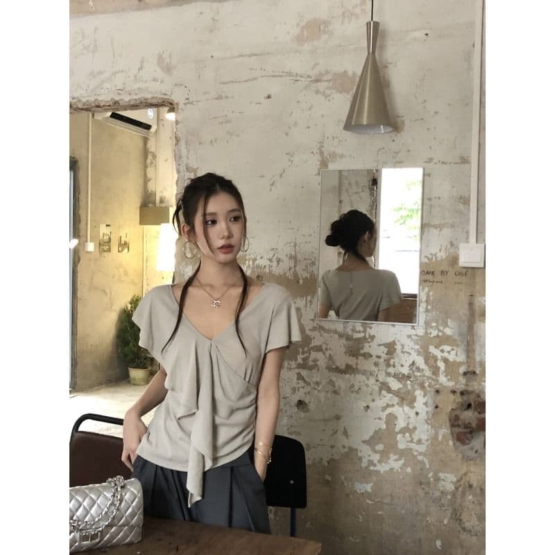 사람들 면 260 그램 반팔 티셔츠 여름 새로운 프랑스식 V넥 프릴 회색 아름다운 잘 생긴 작은 맨위 이미지 2