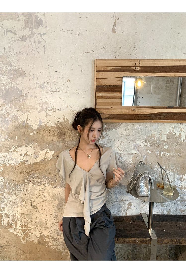 사람들 면 260 그램 반팔 티셔츠 여름 새로운 프랑스식 V넥 프릴 회색 아름다운 잘 생긴 작은 맨위 상세 이미지 8