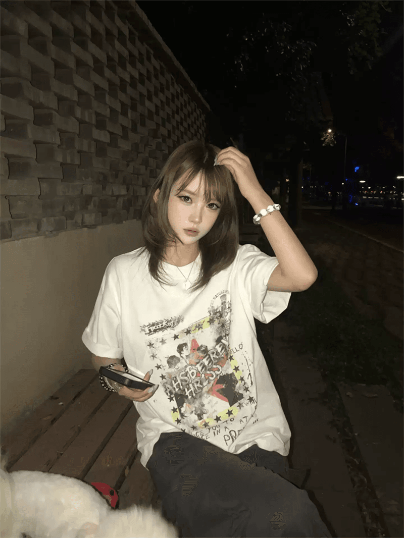 경관 그림 21 순면 210 그램 순면 여름 드레스 반팔 티셔츠 여성 한국 스타일 빅 사이즈 루즈핏