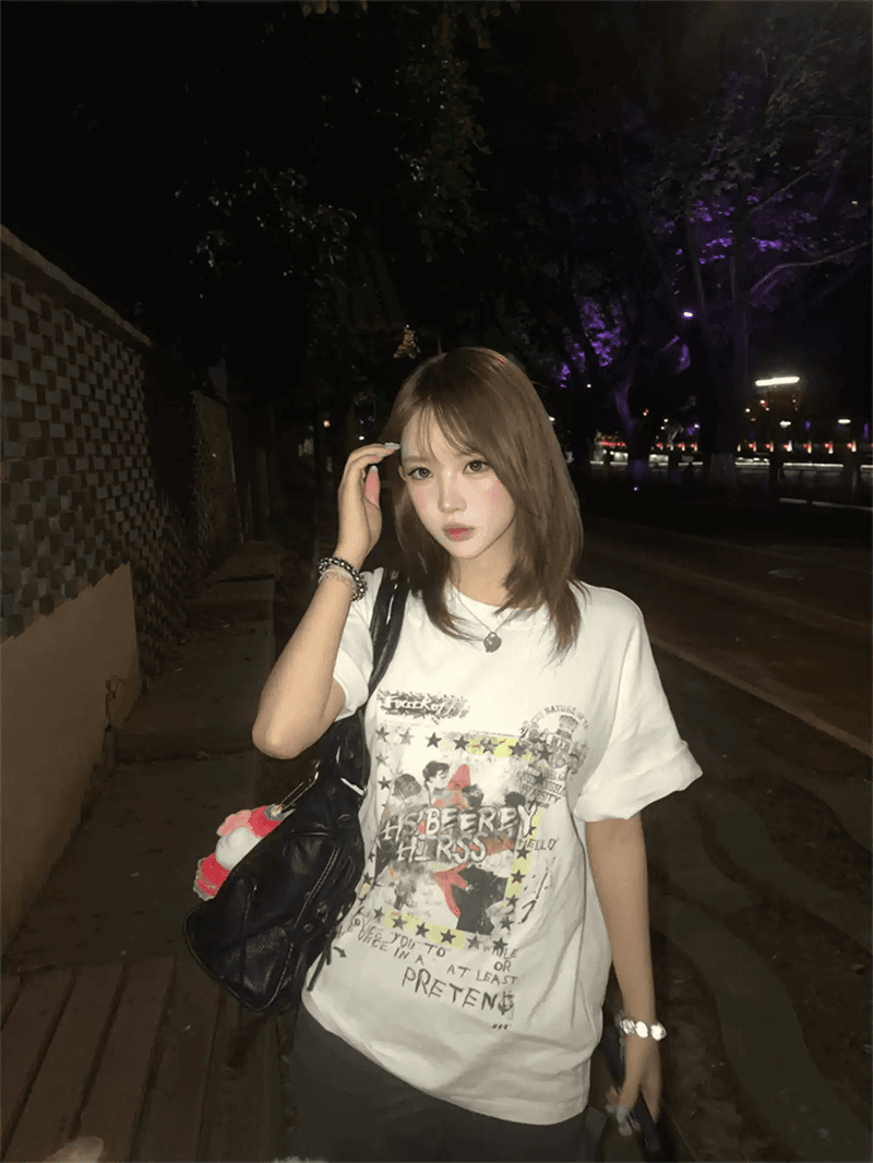 경관 그림 21 순면 210 그램 순면 여름 드레스 반팔 티셔츠 여성 한국 스타일 빅 사이즈 루즈핏 상세 이미지 4