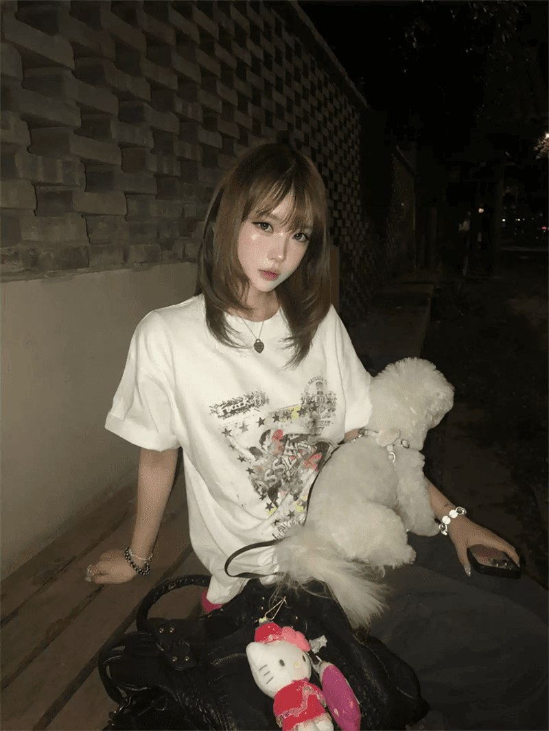 경관 그림 21 순면 210 그램 순면 여름 드레스 반팔 티셔츠 여성 한국 스타일 빅 사이즈 루즈핏 상세 이미지 6