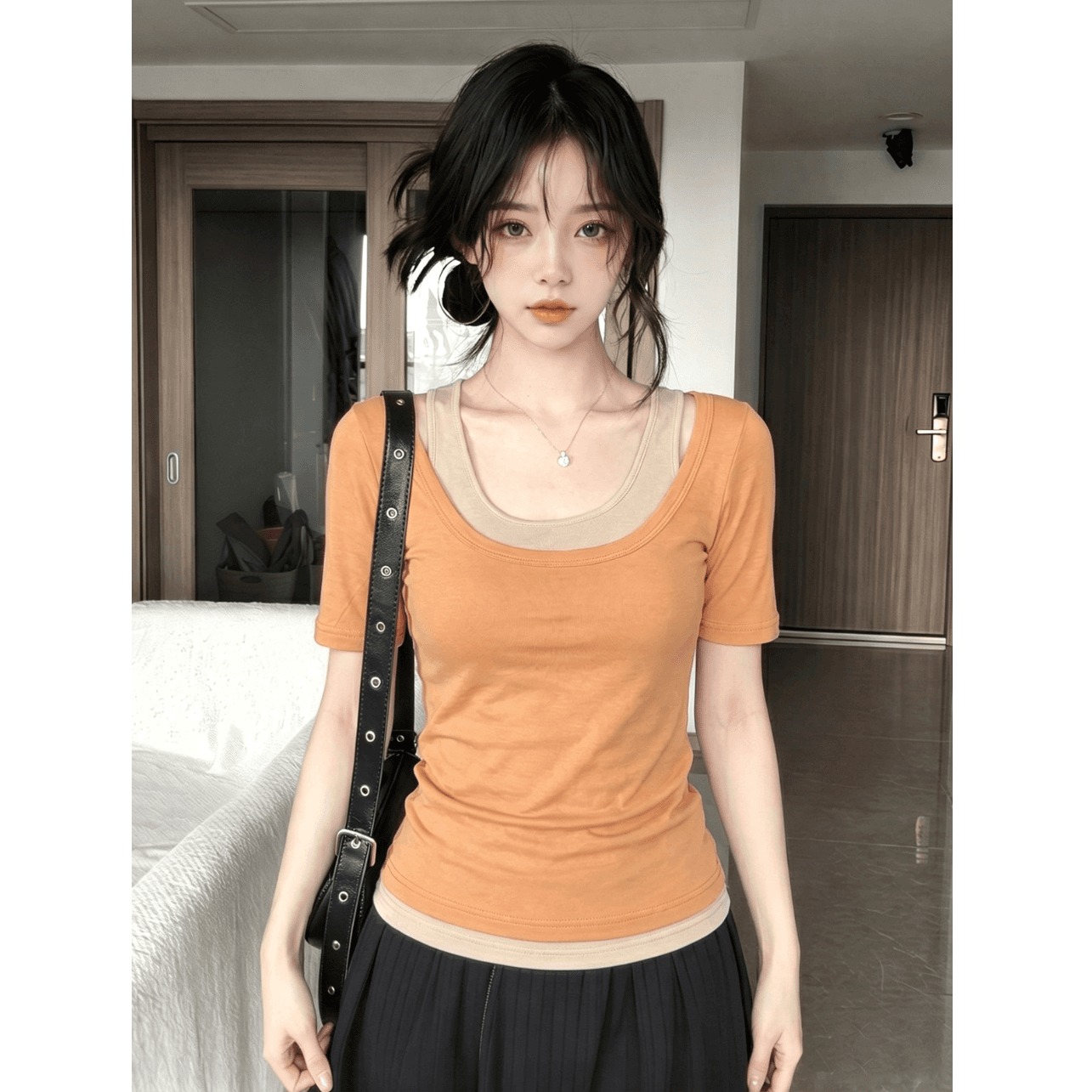 200그램 사람들 면 리브 92 접착제 8 암모니아 Lun 사실 두 조각 u 칼라 반팔 티셔츠 여성 여름 캐미솔 맨위