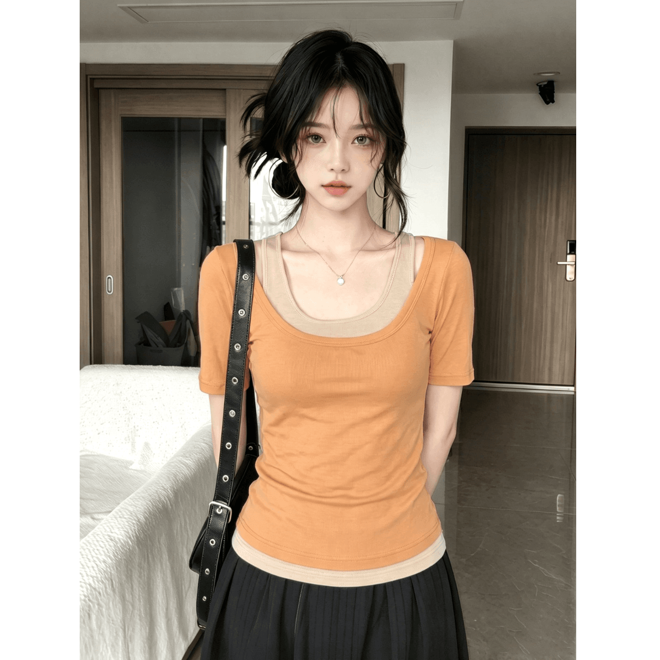 200그램 사람들 면 리브 92 접착제 8 암모니아 Lun 사실 두 조각 u 칼라 반팔 티셔츠 여성 여름 캐미솔 맨위 이미지 2