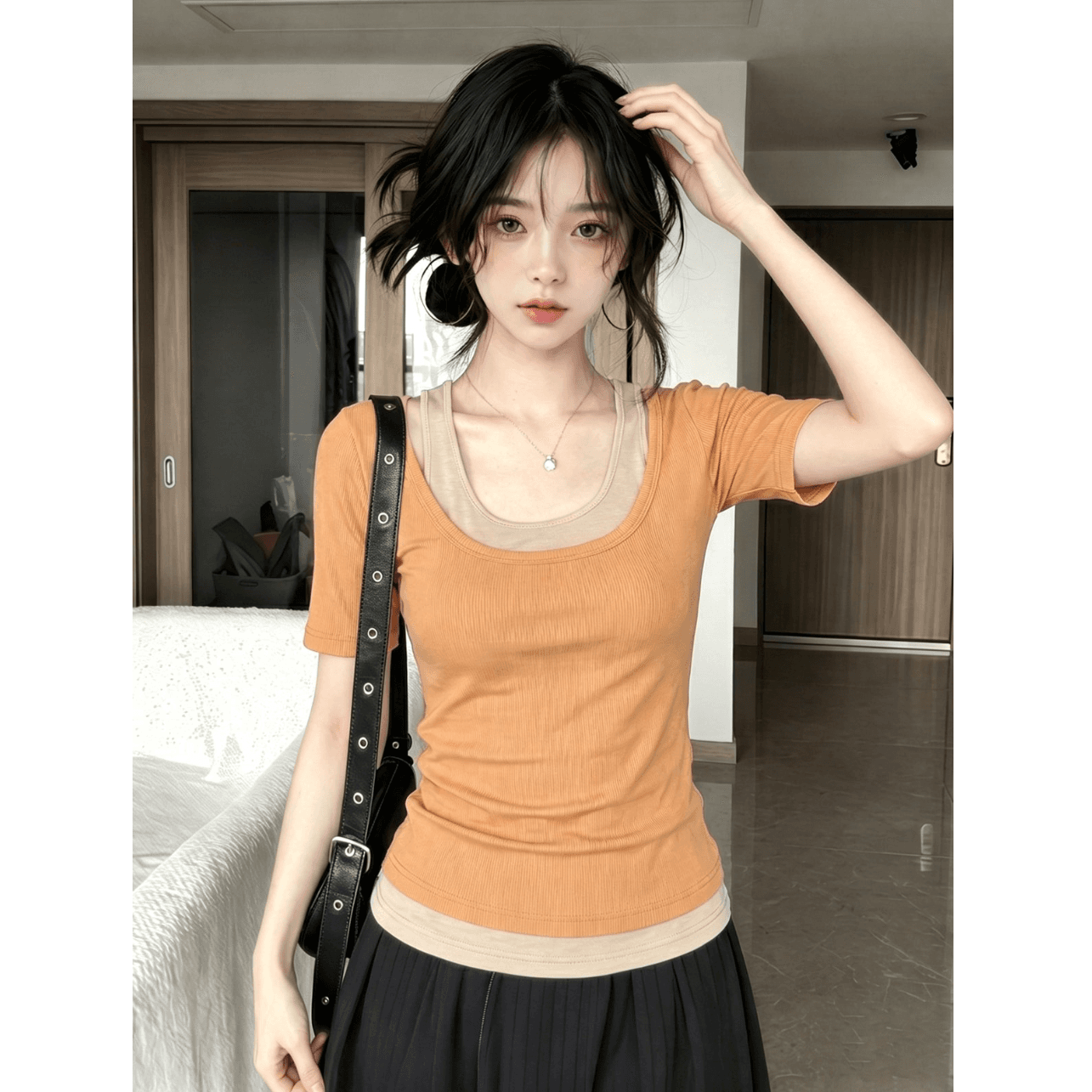 200그램 사람들 면 리브 92 접착제 8 암모니아 Lun 사실 두 조각 u 칼라 반팔 티셔츠 여성 여름 캐미솔 맨위 이미지 3