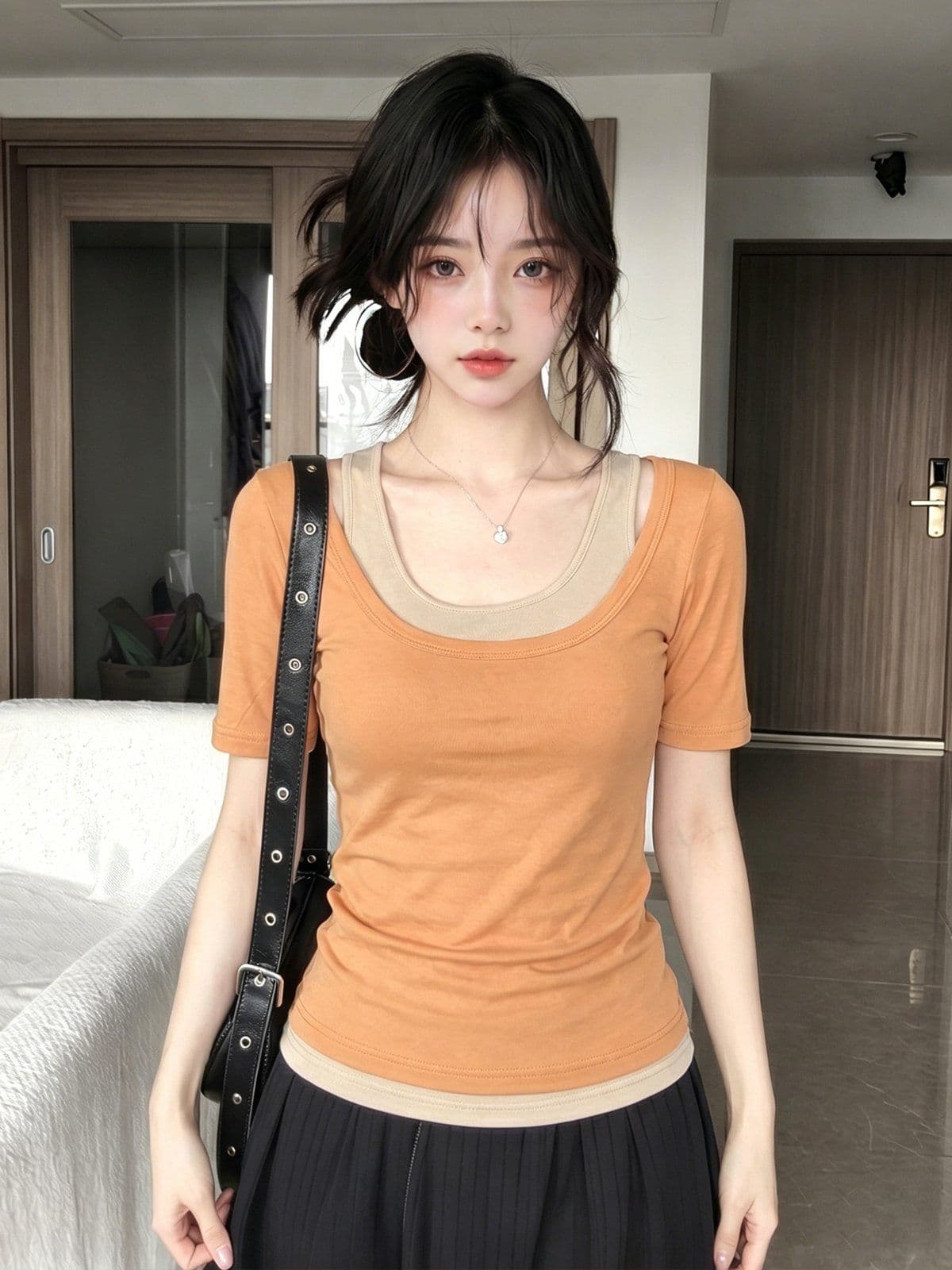 200그램 사람들 면 리브 92 접착제 8 암모니아 Lun 사실 두 조각 u 칼라 반팔 티셔츠 여성 여름 캐미솔 맨위 상세 이미지 2