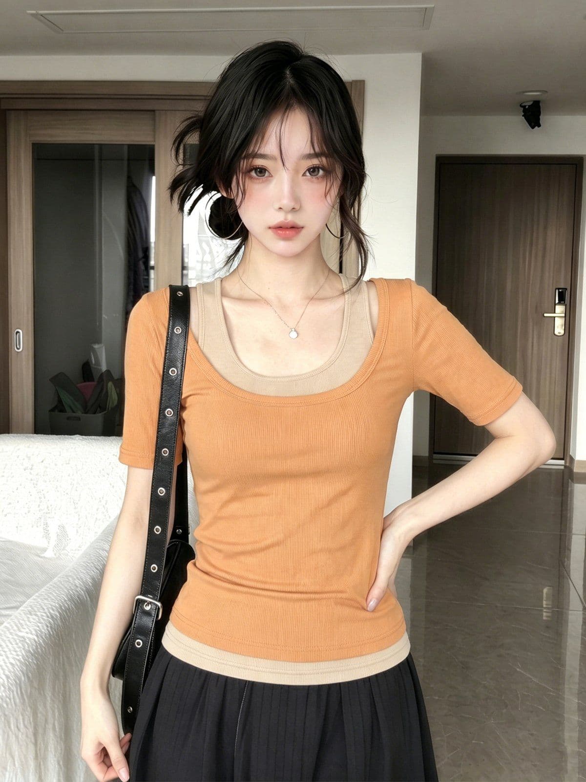 200그램 사람들 면 리브 92 접착제 8 암모니아 Lun 사실 두 조각 u 칼라 반팔 티셔츠 여성 여름 캐미솔 맨위 상세 이미지 4
