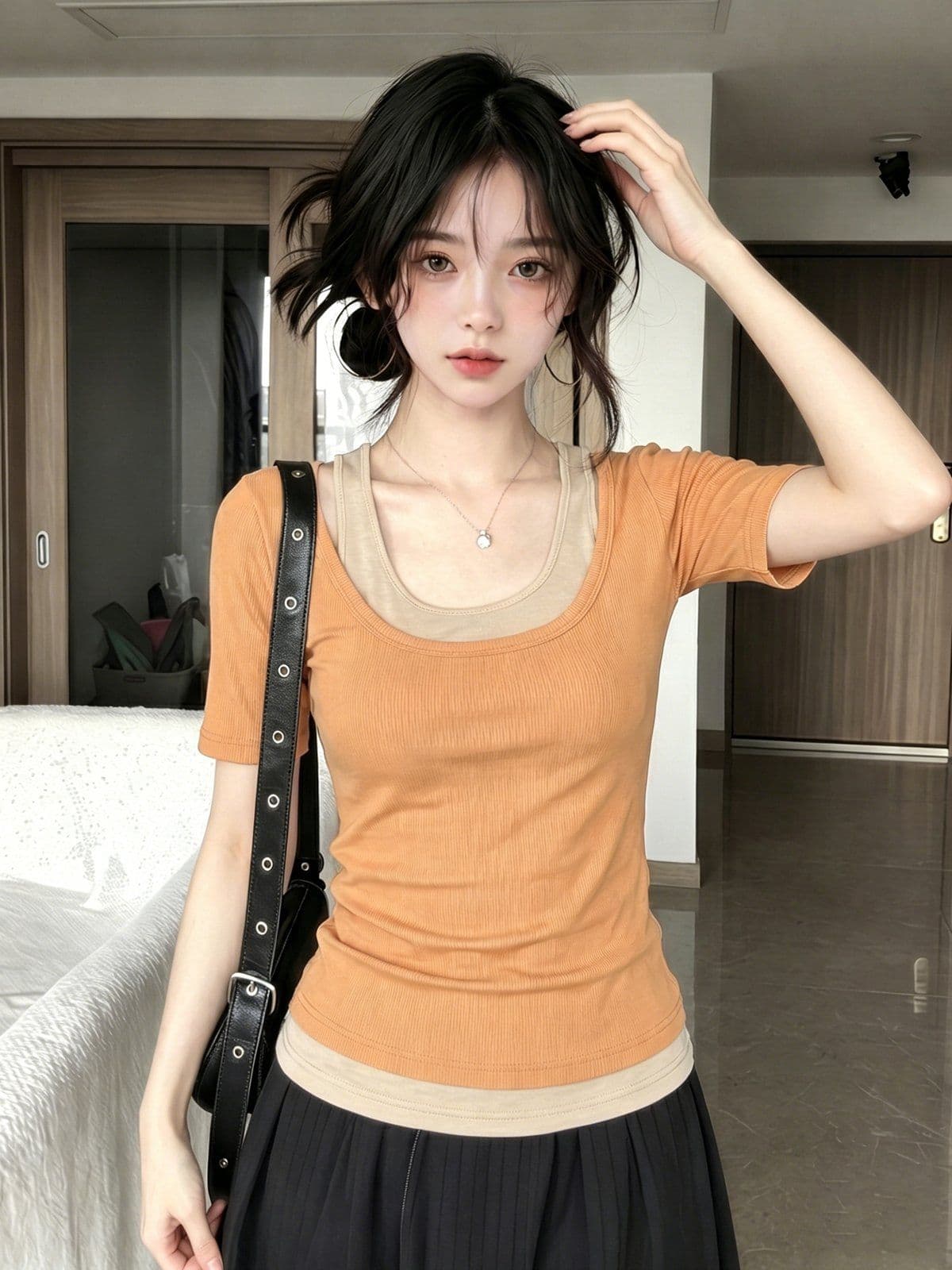 200그램 사람들 면 리브 92 접착제 8 암모니아 Lun 사실 두 조각 u 칼라 반팔 티셔츠 여성 여름 캐미솔 맨위 상세 이미지 5