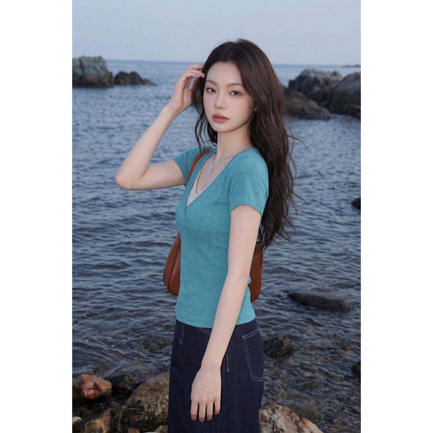 230 크 대나무 마디 63 폴리 에스터 32 면 5 암모니아 Lun 배색 패치워크 V넥 티셔츠 여름 새로운 페이크 레이어드 몸매 가꾸기 맨위 이미지 5