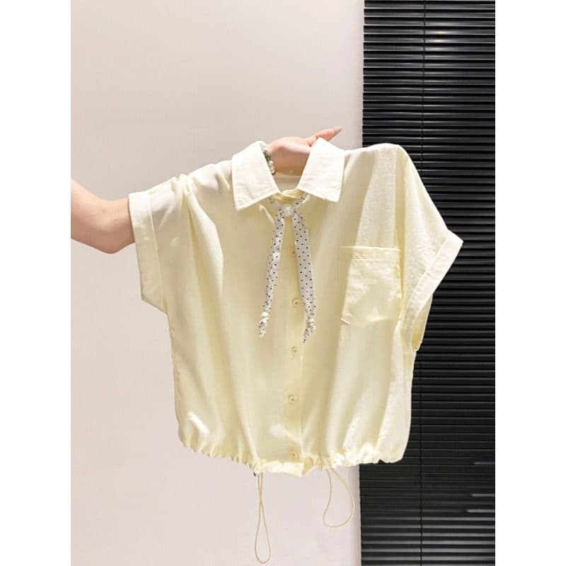 원본 것 POLO 칼라 반팔 여성 셔츠 여름 도트 무늬 리본 쇼트 스타일 펌프 로프 허리 수축 루즈핏 맨위 이미지 2