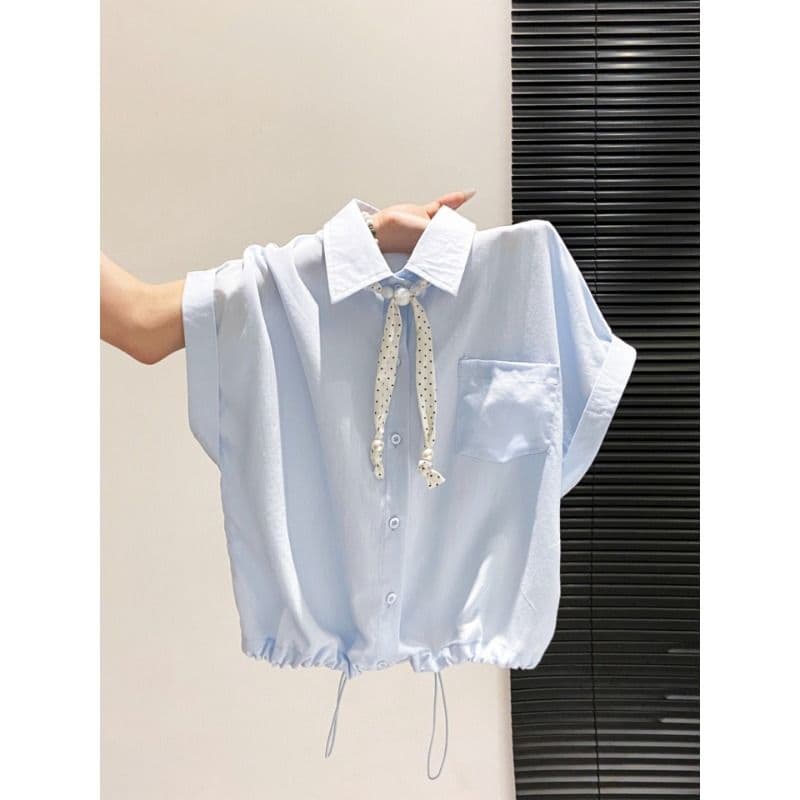 원본 것 POLO 칼라 반팔 여성 셔츠 여름 도트 무늬 리본 쇼트 스타일 펌프 로프 허리 수축 루즈핏 맨위 이미지 3