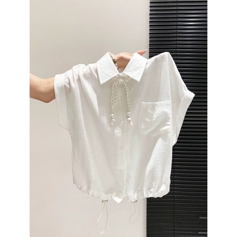 원본 것 POLO 칼라 반팔 여성 셔츠 여름 도트 무늬 리본 쇼트 스타일 펌프 로프 허리 수축 루즈핏 맨위