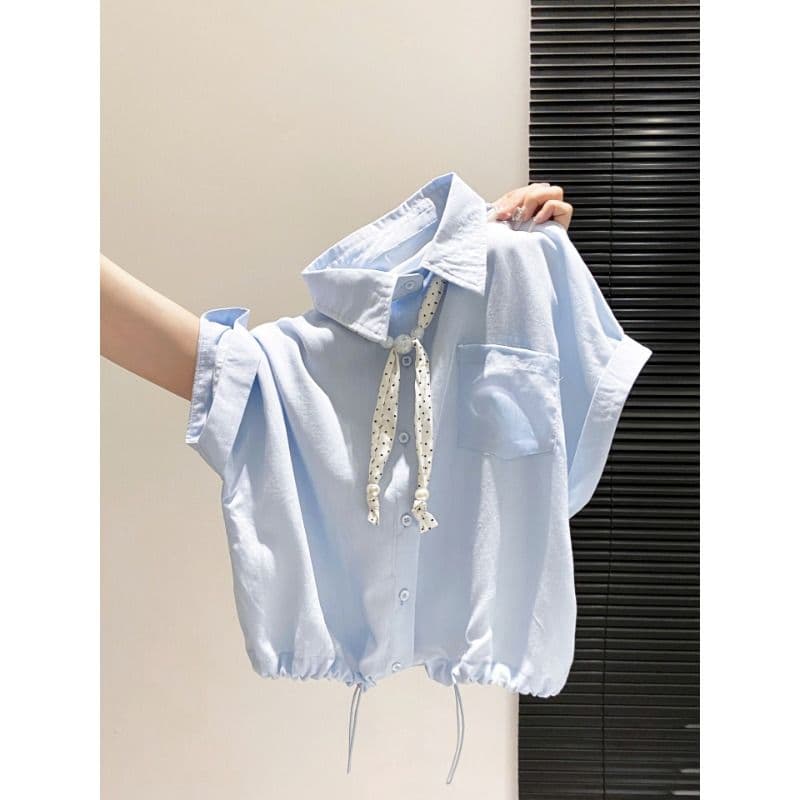원본 것 POLO 칼라 반팔 여성 셔츠 여름 도트 무늬 리본 쇼트 스타일 펌프 로프 허리 수축 루즈핏 맨위 이미지 5