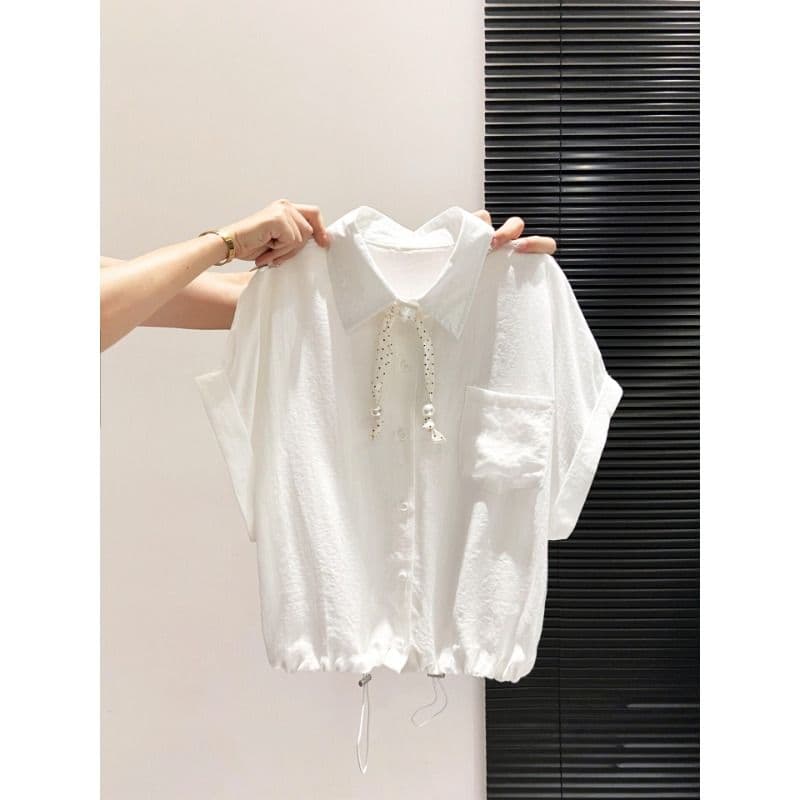 원본 것 POLO 칼라 반팔 여성 셔츠 여름 도트 무늬 리본 쇼트 스타일 펌프 로프 허리 수축 루즈핏 맨위 이미지 4