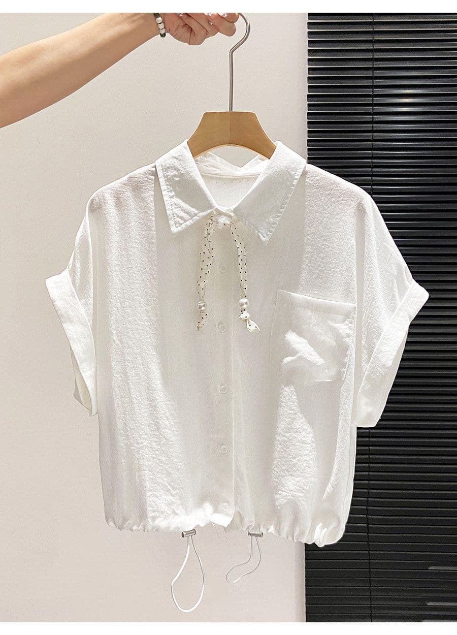 원본 것 POLO 칼라 반팔 여성 셔츠 여름 도트 무늬 리본 쇼트 스타일 펌프 로프 허리 수축 루즈핏 맨위 상세 이미지 5