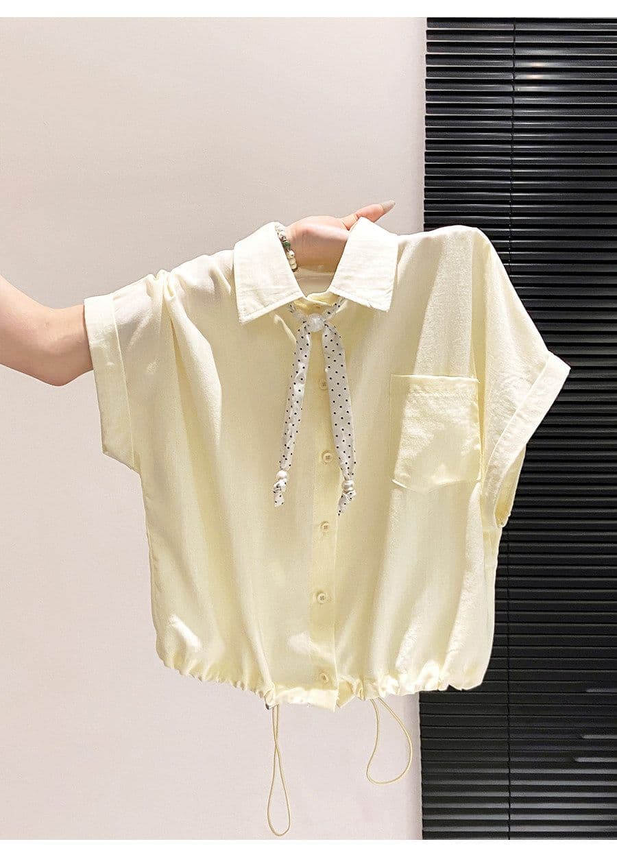 원본 것 POLO 칼라 반팔 여성 셔츠 여름 도트 무늬 리본 쇼트 스타일 펌프 로프 허리 수축 루즈핏 맨위 상세 이미지 6