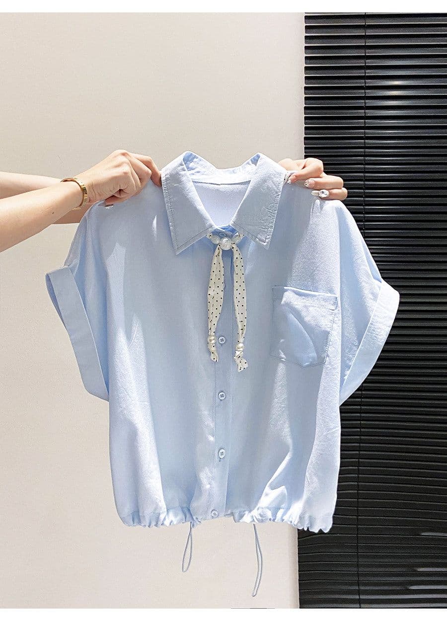 원본 것 POLO 칼라 반팔 여성 셔츠 여름 도트 무늬 리본 쇼트 스타일 펌프 로프 허리 수축 루즈핏 맨위 상세 이미지 7
