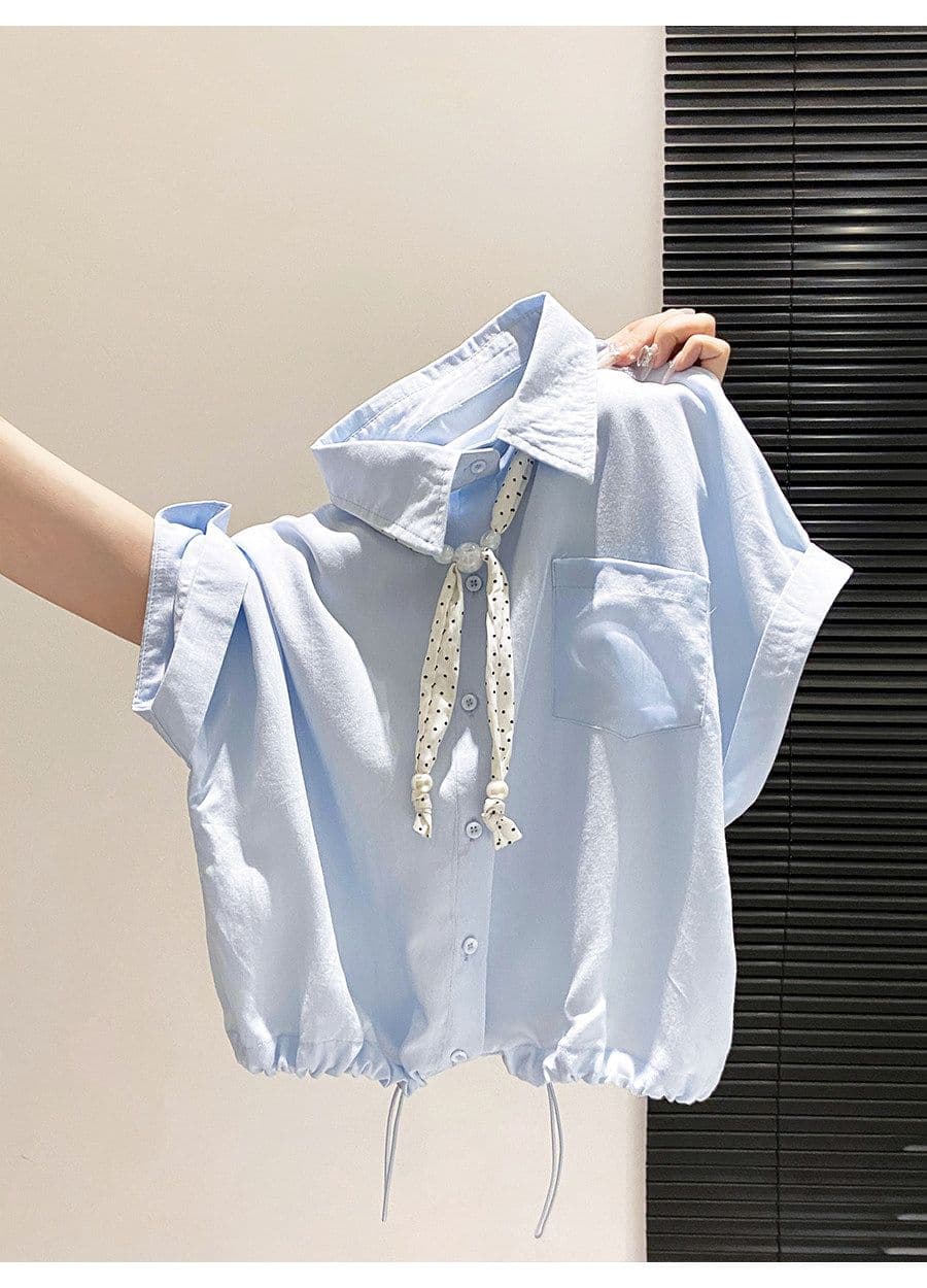 원본 것 POLO 칼라 반팔 여성 셔츠 여름 도트 무늬 리본 쇼트 스타일 펌프 로프 허리 수축 루즈핏 맨위 상세 이미지 8