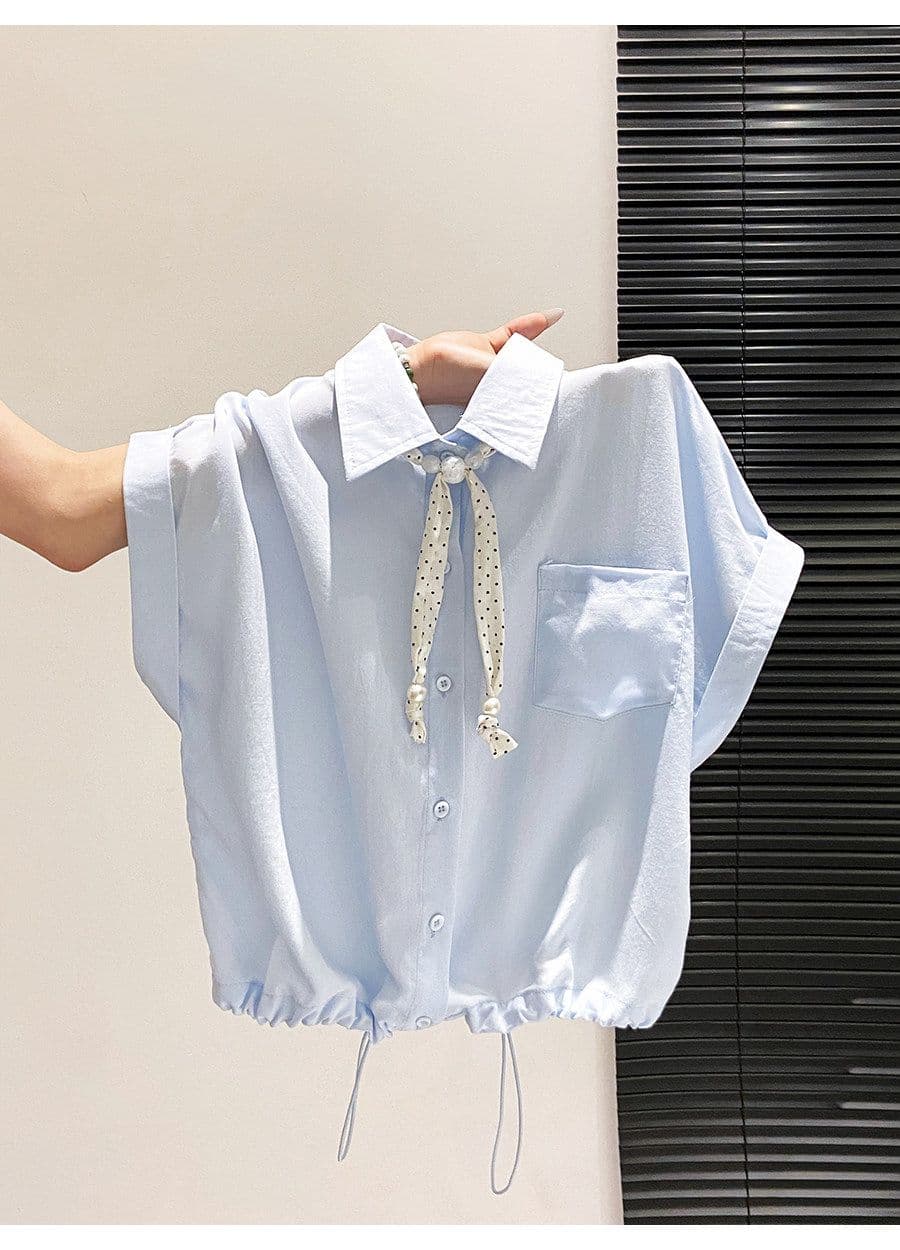 원본 것 POLO 칼라 반팔 여성 셔츠 여름 도트 무늬 리본 쇼트 스타일 펌프 로프 허리 수축 루즈핏 맨위 상세 이미지 9