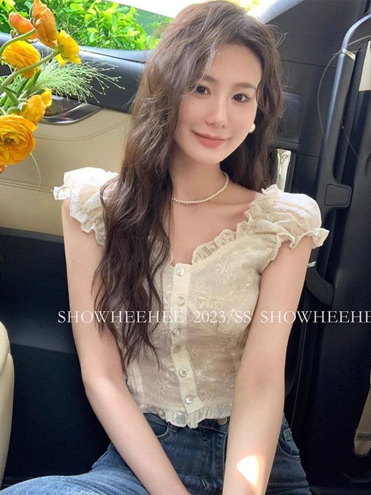 프랑스식 디자인 센스 프릴 여성 셔츠 여름 레이스 버블 반팔 Chic 작은 셔츠 오프숄더 쇼트 스타일 맨위 상세 이미지 2