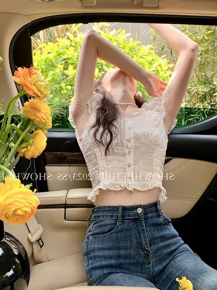 프랑스식 디자인 센스 프릴 여성 셔츠 여름 레이스 버블 반팔 Chic 작은 셔츠 오프숄더 쇼트 스타일 맨위 상세 이미지 3