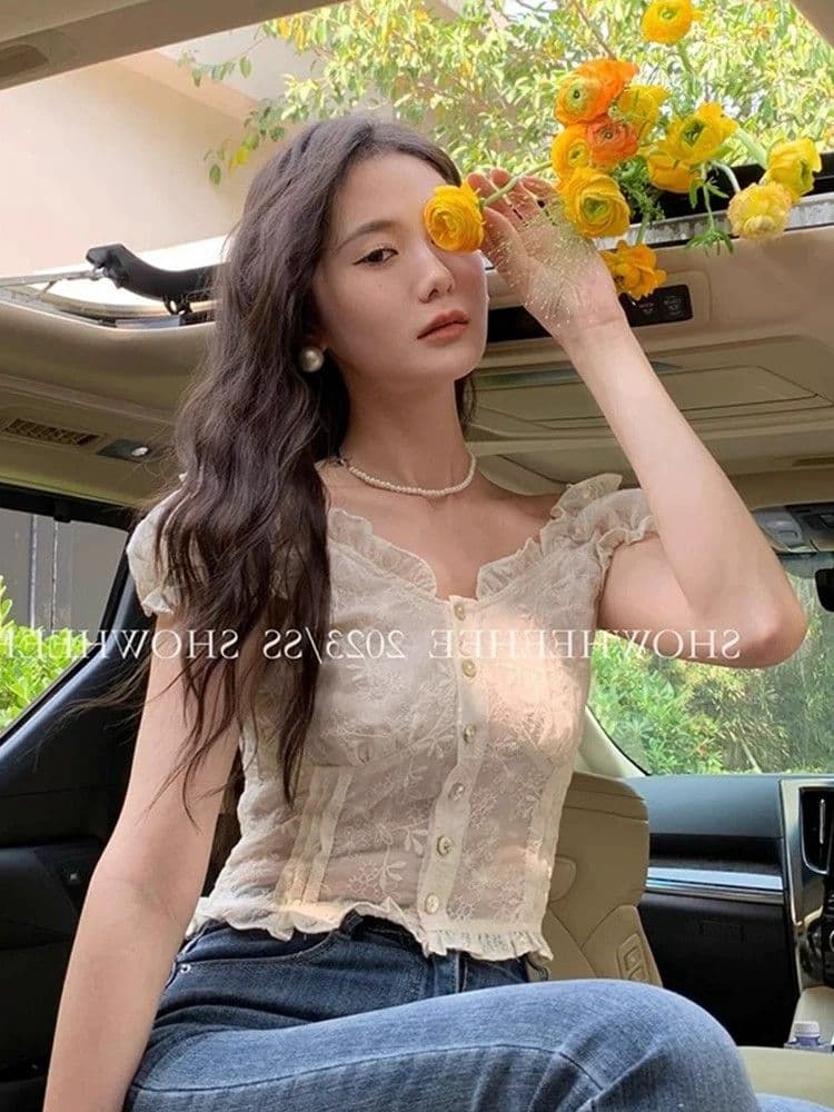 프랑스식 디자인 센스 프릴 여성 셔츠 여름 레이스 버블 반팔 Chic 작은 셔츠 오프숄더 쇼트 스타일 맨위 상세 이미지 7