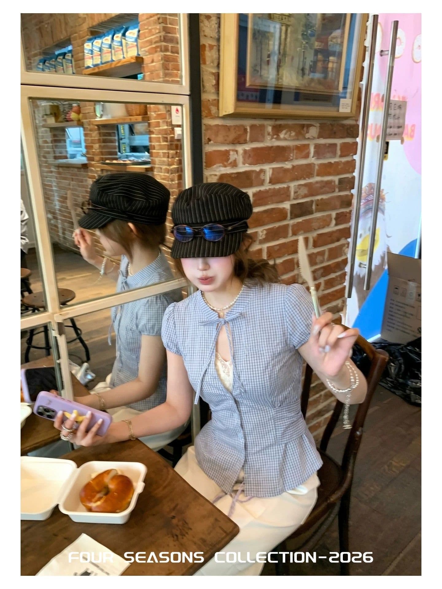 unifitop 레트로 체크무늬 나비 넥타이 홀로우 아웃 허리 수축 여성 셔츠 여름 한 부서 몸매 가꾸기 슬림해 보이는 맨위 상세 이미지 6