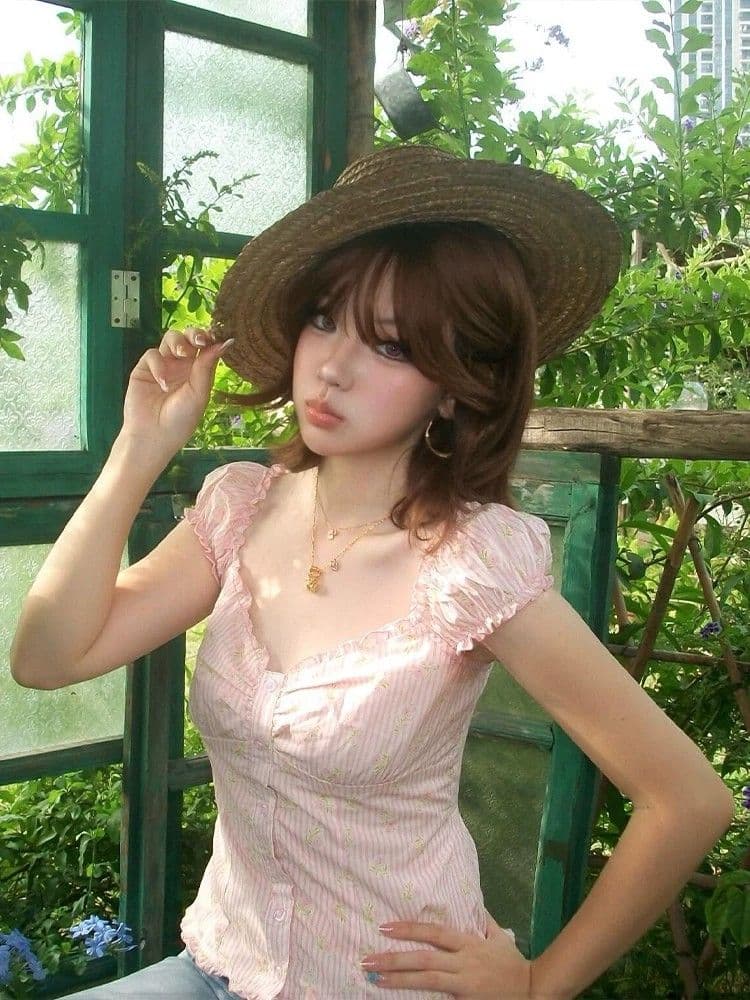 프랑스식 달콤함 핑크색 스트라이프 거품 소매 작은 맨위 여성 여름 순수한 욕망 바람 몸매 가꾸기 반팔 작은 청신 꽃무늬 셔츠 상세 이미지 12