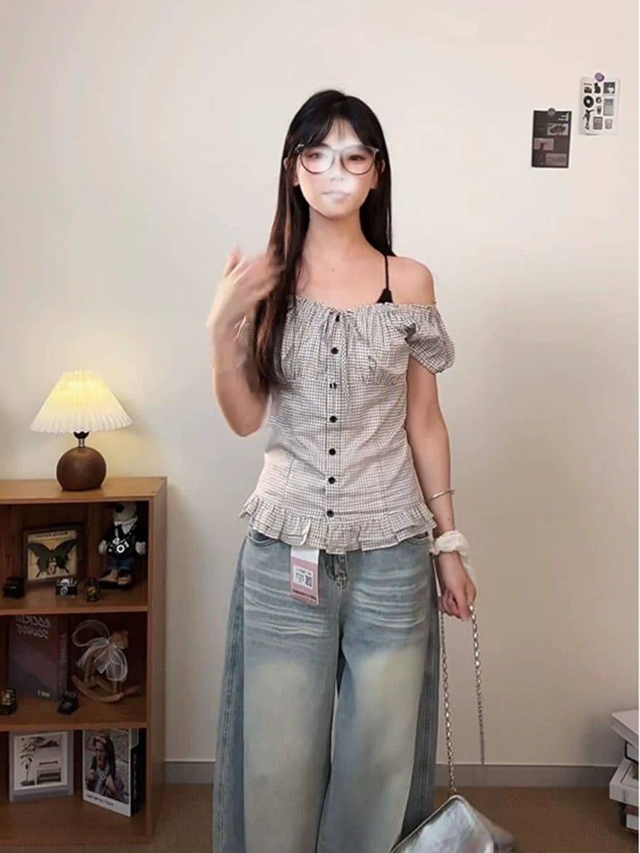일본식 달콤함 체크무늬 광장 칼라 작은 셔츠 여성 여름 티셔츠 몸매 가꾸기 슬림해 보이는 작은 키 오프숄더 쇼트 스타일 순면 맨위 상세 이미지 10
