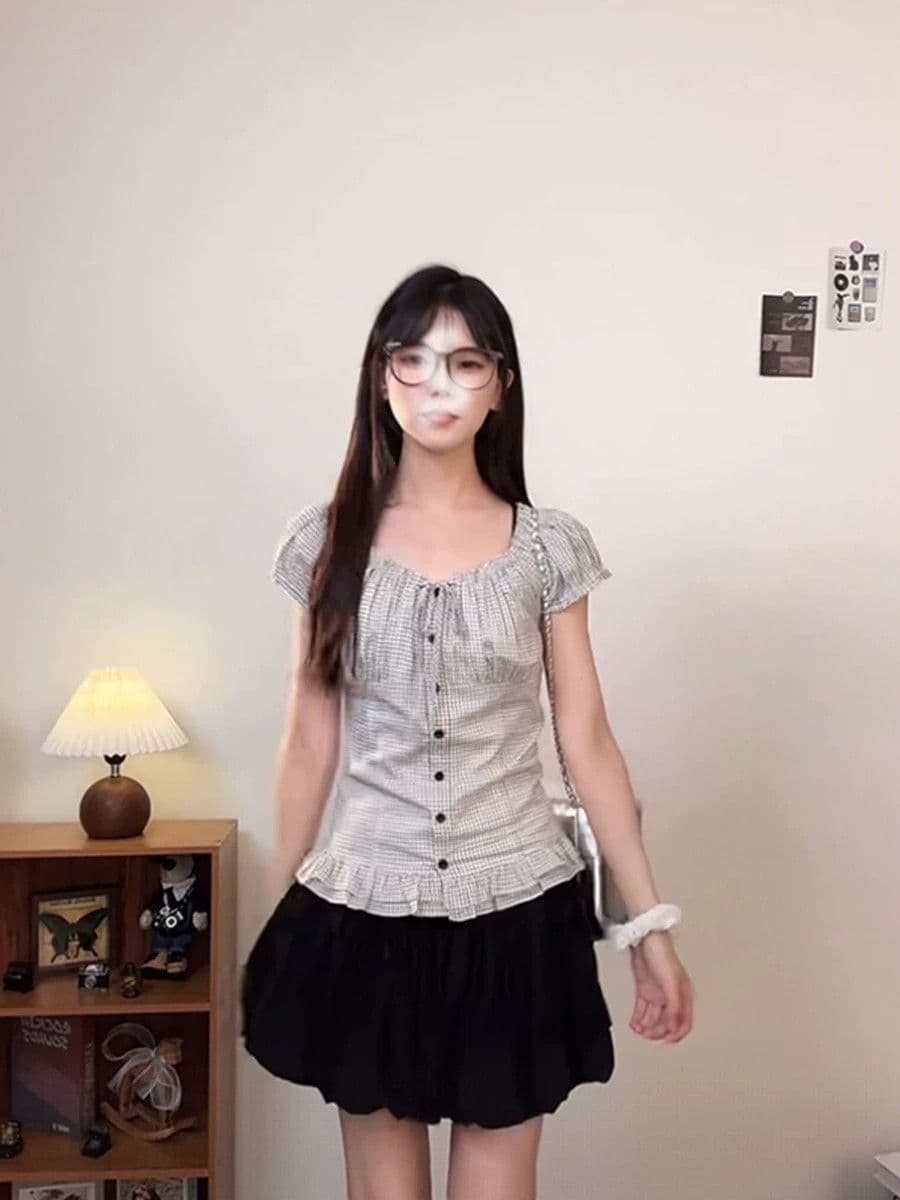 일본식 달콤함 체크무늬 광장 칼라 작은 셔츠 여성 여름 티셔츠 몸매 가꾸기 슬림해 보이는 작은 키 오프숄더 쇼트 스타일 순면 맨위 상세 이미지 12