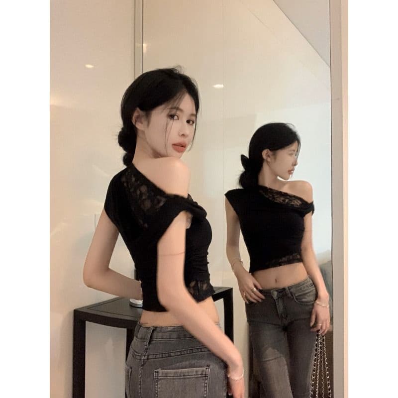 아침 칼라 불규칙 흔들다 칼라 비스듬한 어깨 레이스 반팔 티셔츠 여성 여름 달콤한 핫걸 오프숄더 쇼트 스타일 작은 맨위 아름다운 이미지 2