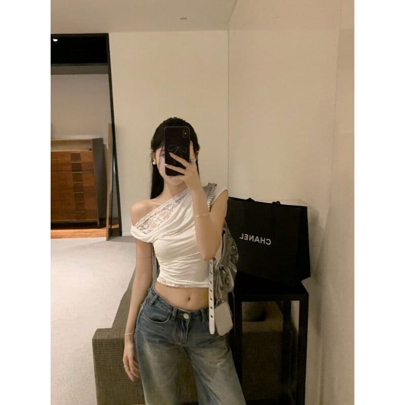 아침 칼라 불규칙 흔들다 칼라 비스듬한 어깨 레이스 반팔 티셔츠 여성 여름 달콤한 핫걸 오프숄더 쇼트 스타일 작은 맨위 아름다운 이미지 3