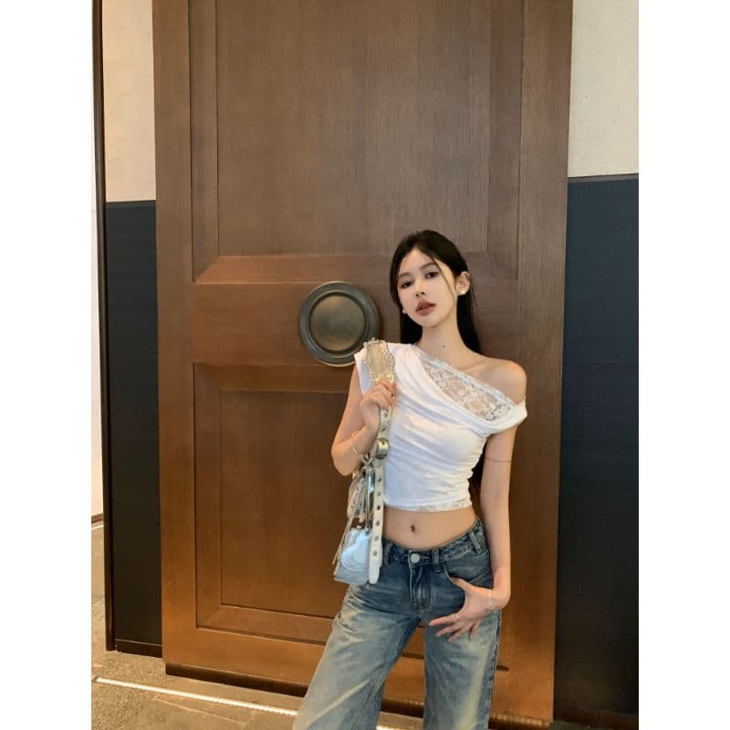 아침 칼라 불규칙 흔들다 칼라 비스듬한 어깨 레이스 반팔 티셔츠 여성 여름 달콤한 핫걸 오프숄더 쇼트 스타일 작은 맨위 아름다운 이미지 5
